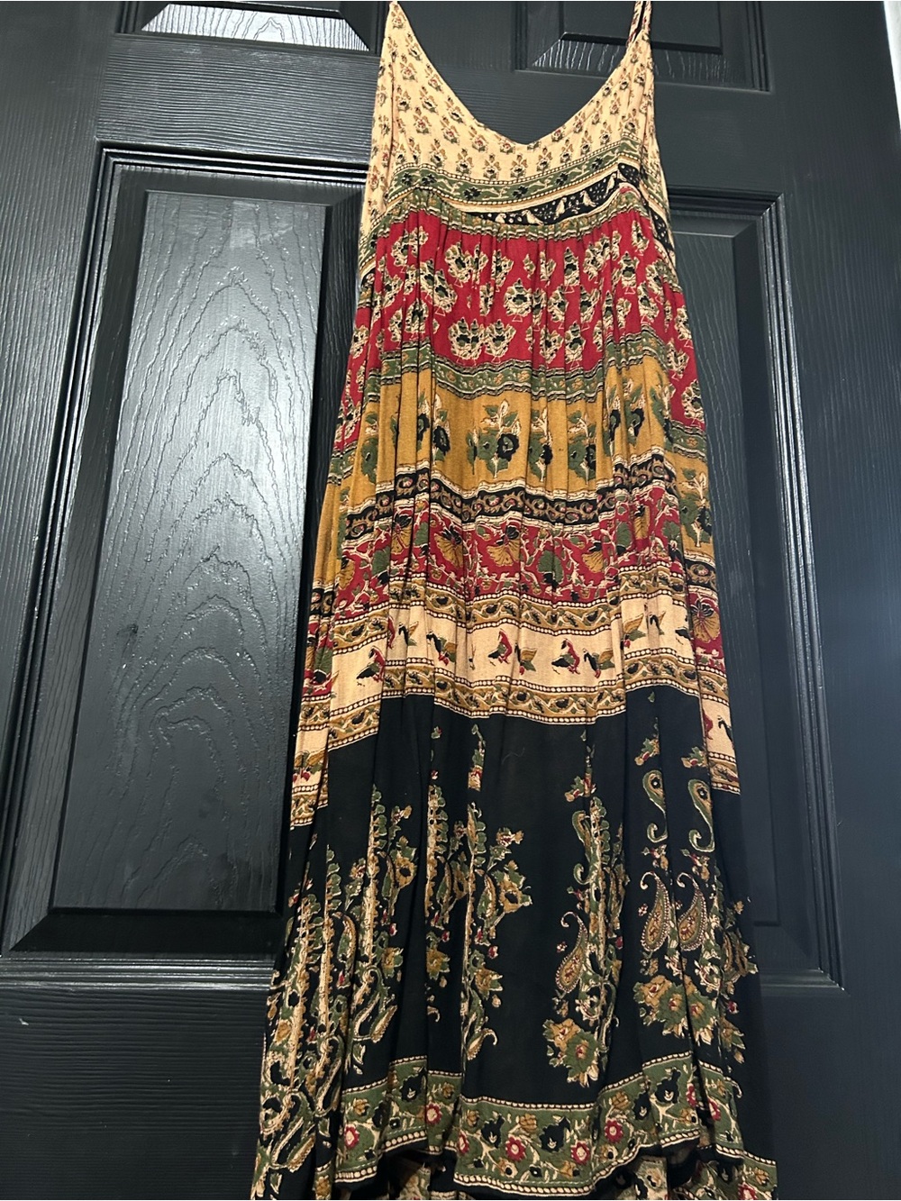 Boho Tiered Midi Dress in Black, Red & Mustard